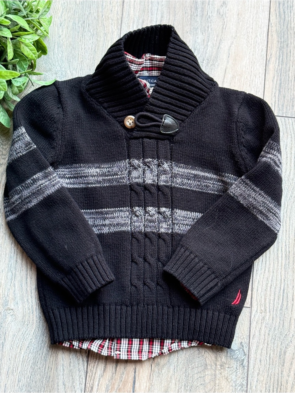 Nautica Black Knit Shawl Collar Puffer-Style Sweater with Gray Stripes
